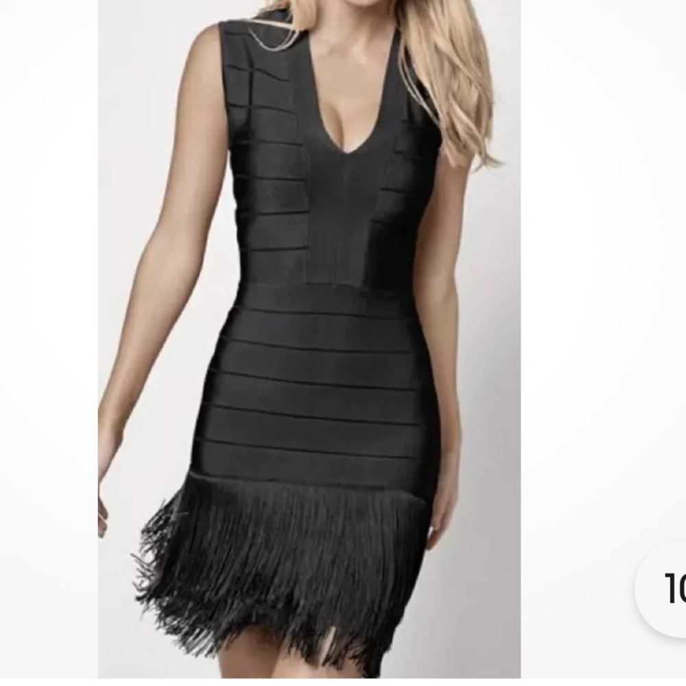 VENUS Black Bandage Dress V-Neck Sleeveless and fringe hem
